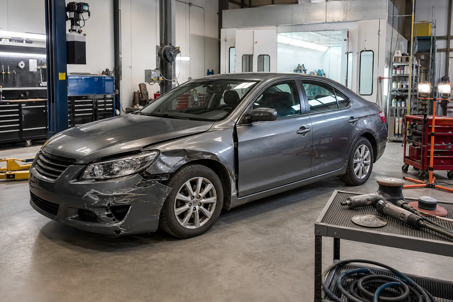 Collision-damaged sedan inside an auto body repair shop