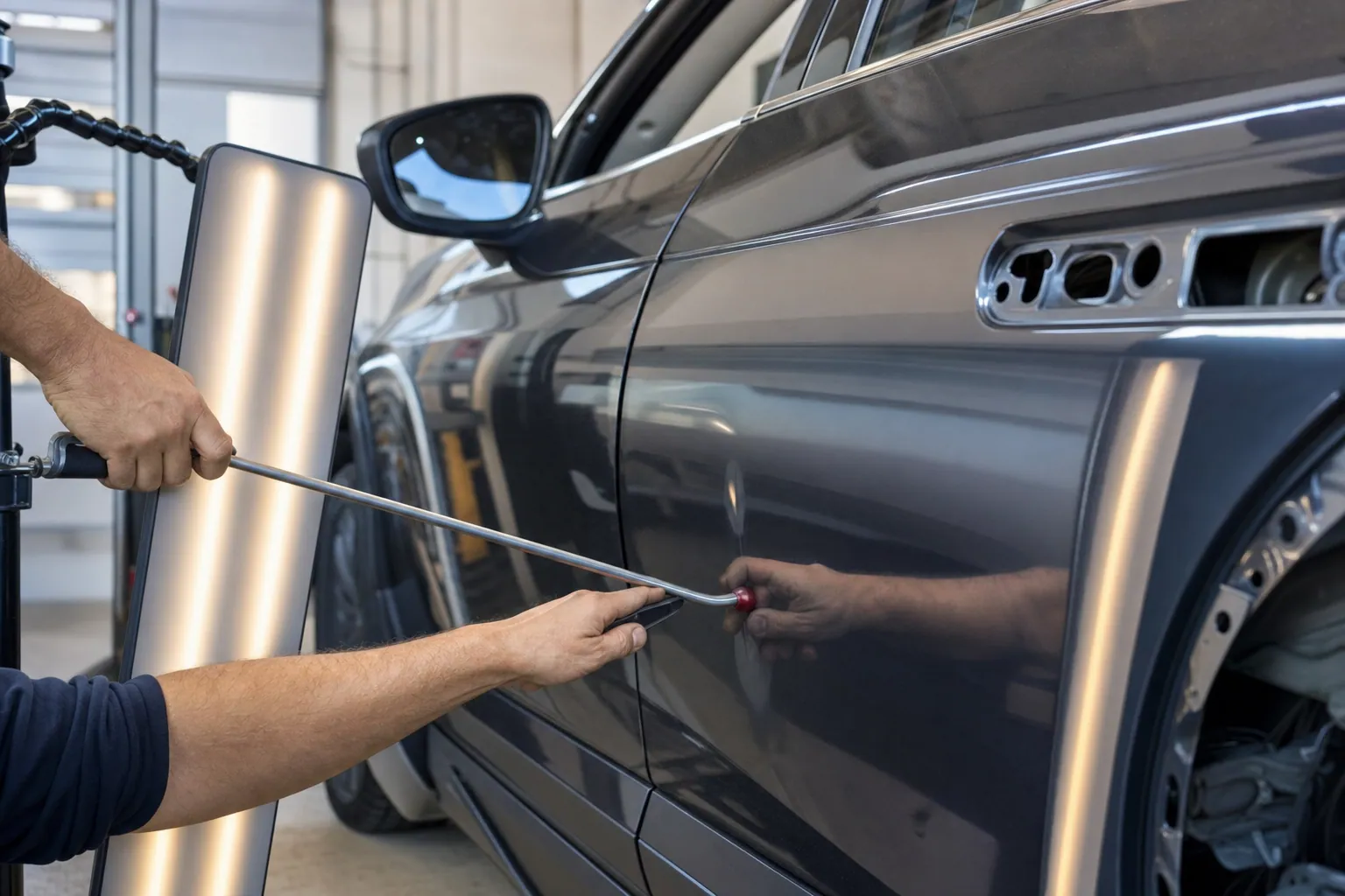 Technician using a paintless dent repair rod to work a dent out of a car door