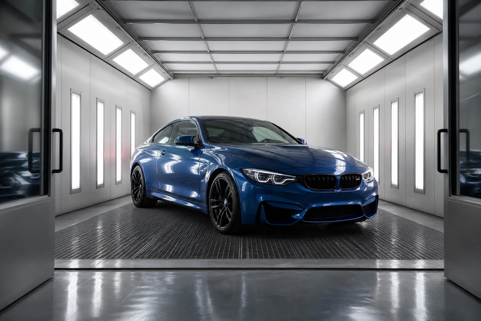 Freshly painted car in an auto body spray booth