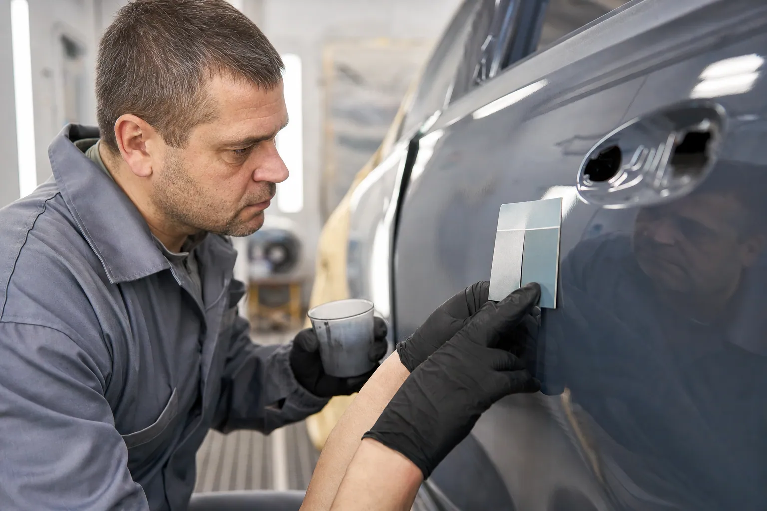 Auto painter checking a paint color match against a vehicle panel